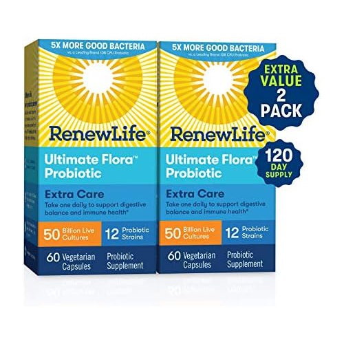  Renew Life Extra Care Probiotic - Ultimate Flora Extra Care, Shelf Stable Probiotic Supplement - Gluten, Dairy & Soy Free - 50 Billion Cfu - 60 Vegetarian Capsules (120 Count)