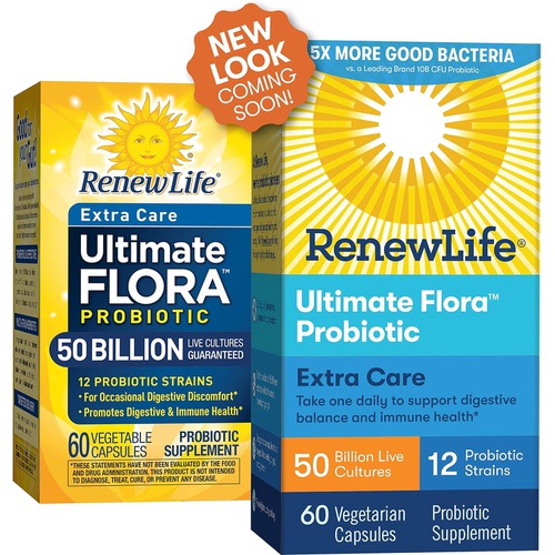  Renew Life Extra Care Probiotic - Ultimate Flora Extra Care, Shelf Stable Probiotic Supplement - Gluten, Dairy & Soy Free - 50 Billion Cfu - 60 Vegetarian Capsules (120 Count)
