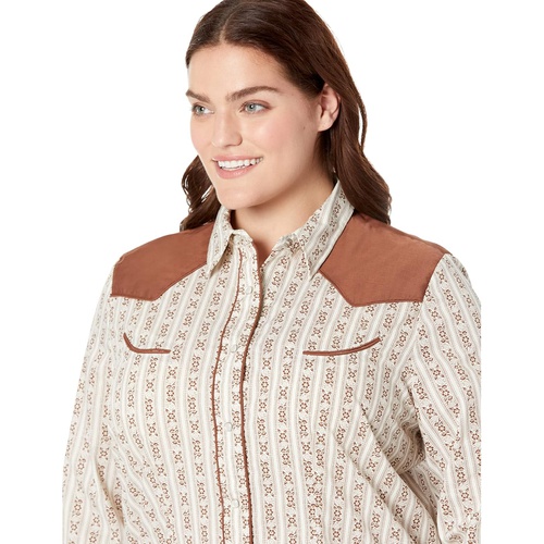 로퍼 Roper Plus Size Retro Contrast Fancy Yoke Cream & Brown Wallpaper Western Blouse