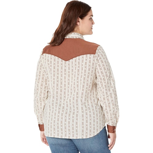 로퍼 Roper Plus Size Retro Contrast Fancy Yoke Cream & Brown Wallpaper Western Blouse