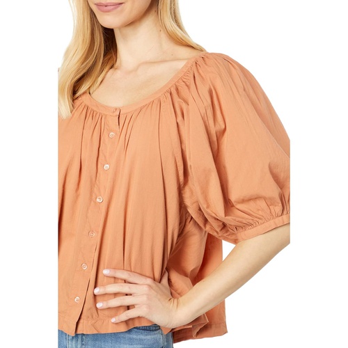  SUNDRY Puff Sleeve Woven Button Front Blouse