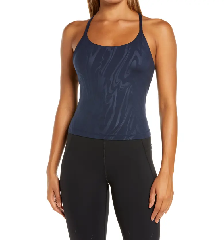 Sweaty Betty All Day Strappy Back Tank Top_NAVY BLUE SLICKED EMBOSS PRINT