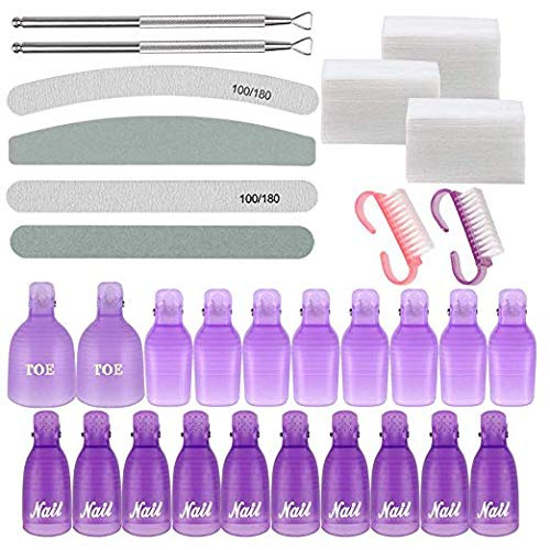  SWS Nail Polish Remover Tool kit with 20Pcs Gel Nail Polish Remover Clips, 4pcs Nail Files 100/180 Buffer 600/3000, Stainless Steel Triangle Cuticle Scraper,200Pcs Wipe Cotton Pads& 2p