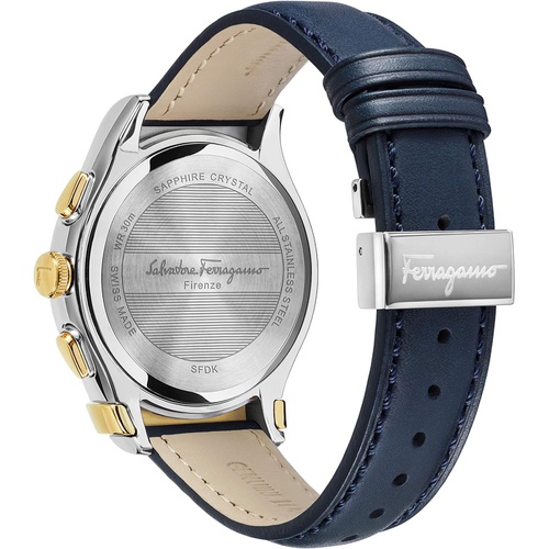 살바토로페라가모 Salvatore Ferragamo Mens Ferragamo 1898 Stainless Steel Quartz Watch with Leather Calfskin Strap, Blue, 20 (Model: SFDK00218)