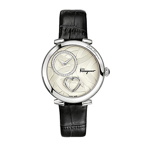 살바토로페라가모 Salvatore Ferragamo Womens Cuore Stainless Steel Swiss-Quartz Watch with Leather Calfskin Strap, Black, 18 (Model: FE2990016)