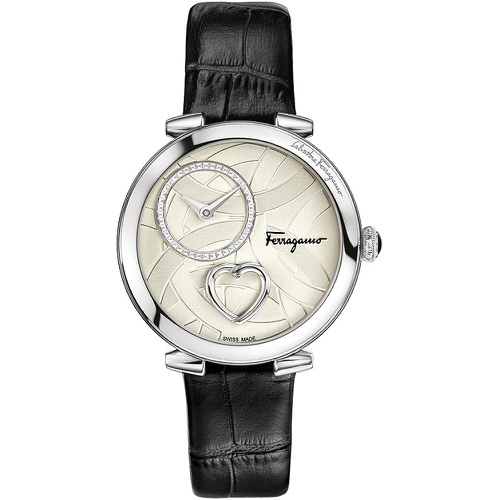살바토로페라가모 Salvatore Ferragamo Womens Cuore Stainless Steel Swiss-Quartz Watch with Leather Calfskin Strap, Black, 18 (Model: FE2990016)