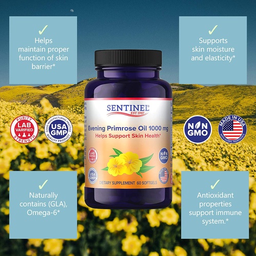  Sentinel Evening Primrose Oil 1000 mg, Healthy Skin Support* Antioxidant* Immune Health*, 60 Softgels