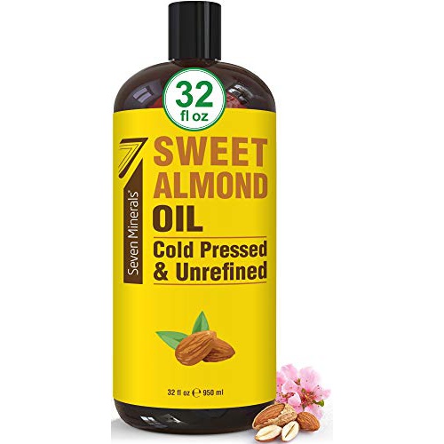  Seven Minerals Pure Cold Pressed Sweet Almond Oil - Big 32 fl oz Bottle - Unrefined & 100% Natural - For Skin & Hair, with No Added Ingredients - Perfect Carrier Oil for Essential Oils