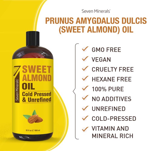  Seven Minerals Pure Cold Pressed Sweet Almond Oil - Big 32 fl oz Bottle - Unrefined & 100% Natural - For Skin & Hair, with No Added Ingredients - Perfect Carrier Oil for Essential Oils