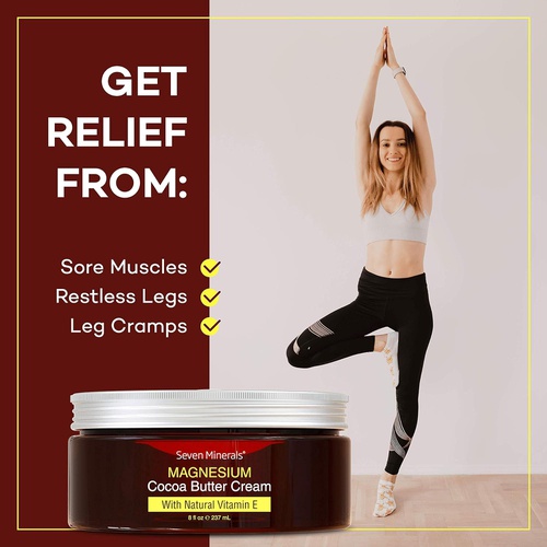  Seven Minerals Natural Magnesium Cream for Pain Calm, Leg Cramps, Sleep & Muscle Soreness. With Moisturizing Organic Cocoa Butter and Vitamin E - No Harmful Ingredients. Our USA Made Creme is Saf