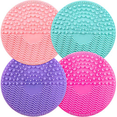  Shappy 4 Packs Silicone Makeup Brush Cleaning Mat, Round Makeup Brush Cleaner Pad Cosmetic Brush Cleaning Mat Portable Washing Tool Scrubber with Suction Cup (Green, Purple, Pink, Rose Re