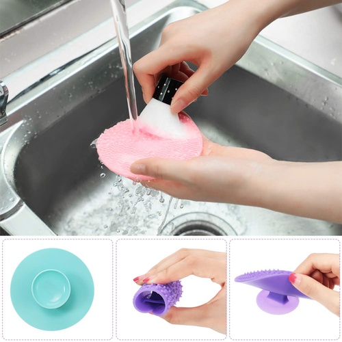  Shappy 4 Packs Silicone Makeup Brush Cleaning Mat, Round Makeup Brush Cleaner Pad Cosmetic Brush Cleaning Mat Portable Washing Tool Scrubber with Suction Cup (Green, Purple, Pink, Rose Re