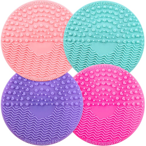  Shappy 4 Packs Silicone Makeup Brush Cleaning Mat, Round Makeup Brush Cleaner Pad Cosmetic Brush Cleaning Mat Portable Washing Tool Scrubber with Suction Cup (Green, Purple, Pink, Rose Re