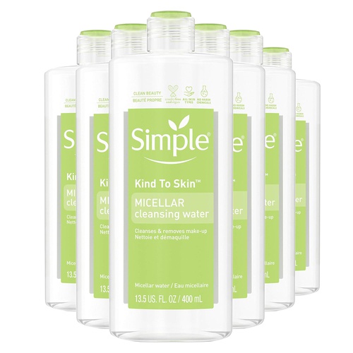 심플 Simple Kind to Skin Cleansing Water Cleanser and Makeup Remover for All Skin Types Micellar Boosts Skins Hydration by 90 percent 13.5 oz, Pack of 6 (Packaging May Vary)