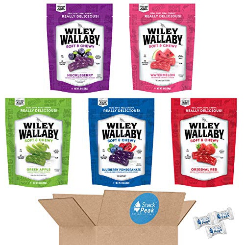  Wiley Wallaby Ultimate Fruit Variety Australian Licorice Snack Peak Gift Box (5 - 10 oz bags)  Red, Green Apple, Watermelon, Huckleberry, Blueberry Pomegranate