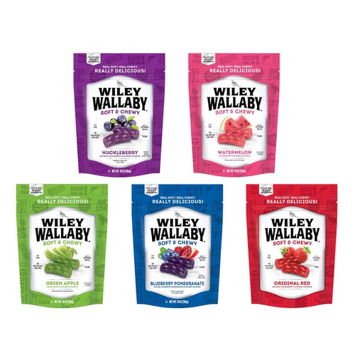  Wiley Wallaby Ultimate Fruit Variety Australian Licorice Snack Peak Gift Box (5 - 10 oz bags)  Red, Green Apple, Watermelon, Huckleberry, Blueberry Pomegranate