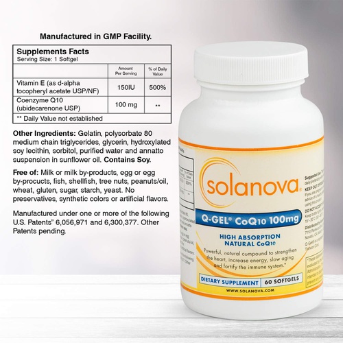  Solanova  60 Softgels of Q-Gel CoQ10 (CoEnzyme Q10 Ubiquinone) 100mg Heart Health Hydrosoluble Supplements To Maintain Normal Blood Pressure And Support The Immune System, 2 Month