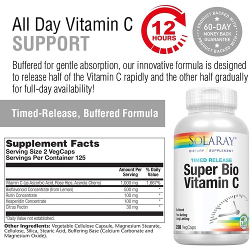  SOLARAY Super Bio Vitamin C 1000mg, Buffered, Time Release Capsules with Bioflavonoids, Two-Stage for High Absorption & All Day Immune Support, Vegan, 60 Day Guarantee, 125 Serving