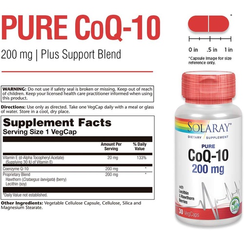  SOLARAY Pure CoQ-10 200 mg Healthy Heart Function & Cellular Energy Support Enhanced with Herb Blend 30 VegCaps