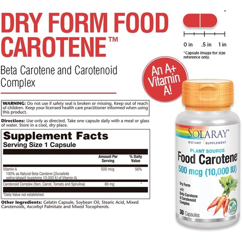  SOLARAY Food Carotene, Dry Vitamin A 10000 IU Healthy Skin, Eyes, Antioxidant & Immune Support 30 Capsules