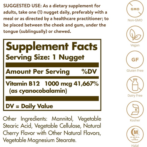  Solgar Vitamin B12 1000 mcg, 250 Nuggets - Supports Production of Energy, Red Blood Cells - Healthy Nervous System - Promotes Cardiovascular Health - Vitamin B - Non-GMO, Gluten Fr