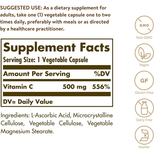  Solgar Vitamin C 500 mg, 250 Vegetable Capsules - Antioxidant & Immune Support - Overall Health - Supports Healthy Skin & Joints - Non-GMO, Vegan, Gluten Free, Kosher - 250 Serving