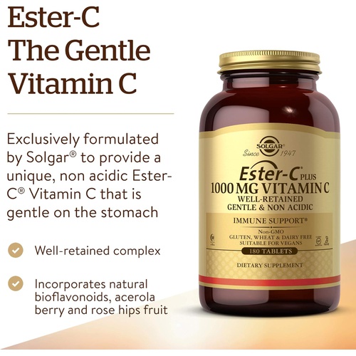  Solgar Ester-C Plus 1000 mg Vitamin C (Ascorbate Complex), 180 Tablets - Gentle On The Stomach & Non Acidic - Antioxidant & Immune System Support - Non GMO, Vegan, Gluten Free, Kos