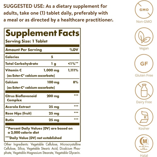  Solgar Ester-C Plus 1000 mg Vitamin C (Ascorbate Complex), 180 Tablets - Gentle On The Stomach & Non Acidic - Antioxidant & Immune System Support - Non GMO, Vegan, Gluten Free, Kos