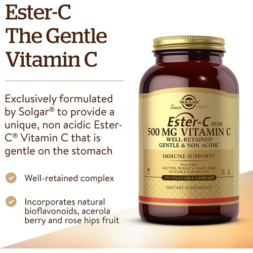  Solgar Ester-C Plus 500 mg Vitamin C (Ascorbate Complex), 250 Vegetable Capsules - Gentle & Non Acidic - Antioxidant & Immune Support - Non GMO, Vegan, Gluten Free, Kosher - 250 Se