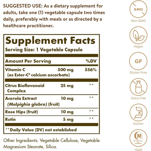  Solgar Ester-C Plus 500 mg Vitamin C (Ascorbate Complex), 250 Vegetable Capsules - Gentle & Non Acidic - Antioxidant & Immune Support - Non GMO, Vegan, Gluten Free, Kosher - 250 Se