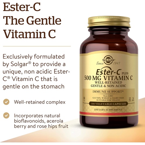  Solgar Ester-C Plus 500 mg Vitamin C (Ascorbate Complex), 250 Vegetable Capsules - Gentle & Non Acidic - Antioxidant & Immune Support - Non GMO, Vegan, Gluten Free, Kosher - 250 Se