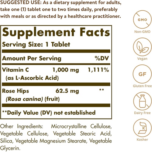  Solgar Vitamin C 1000 mg with Rose Hips, 250 Tablets - Antioxidant & Immune Support - Overall Health - Supports Healthy Skin & Joints - Non GMO, Vegan, Gluten Free, Dairy Free, Kos