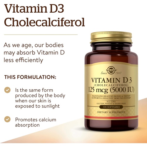  Solgar Vitamin D3 (Cholecalciferol) 125 MCG (5000 IU), 100 Softgels - Helps Maintain Healthy Bones & Teeth - Immune System Support - Non GMO, Gluten Free, Dairy Free - 100 Servings