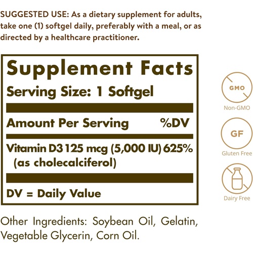  Solgar Vitamin D3 (Cholecalciferol) 125 MCG (5000 IU), 100 Softgels - Helps Maintain Healthy Bones & Teeth - Immune System Support - Non GMO, Gluten Free, Dairy Free - 100 Servings