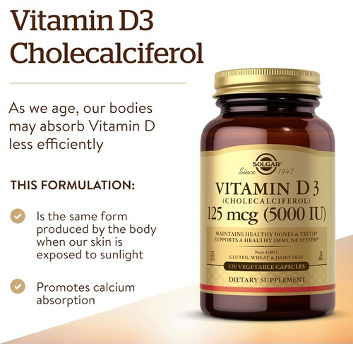  Solgar Vitamin D3 (Cholecalciferol) 125 MCG (5000 IU), 100 Softgels - Helps Maintain Healthy Bones & Teeth - Immune System Support - Non GMO, Gluten Free, Dairy Free - 100 Servings