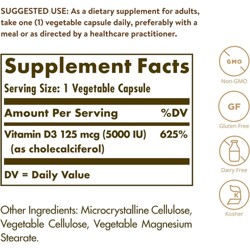  Solgar Vitamin D3 (Cholecalciferol) 125 MCG (5000 IU), 100 Softgels - Helps Maintain Healthy Bones & Teeth - Immune System Support - Non GMO, Gluten Free, Dairy Free - 100 Servings