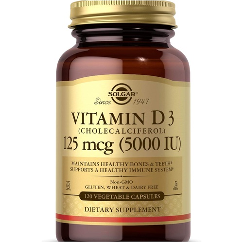  Solgar Vitamin D3 (Cholecalciferol) 125 mcg (5,000 IU) Vegetable Capsules - 120 Count