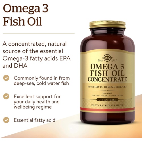  Solgar Omega-3 Fish Oil Concentrate, 240 Softgels - Support for Cardiovascular, Joint & Brain Health - Contains EPA & DHA Fatty Acids - Non GMO, Gluten/ Dairy Free - 120 Servings