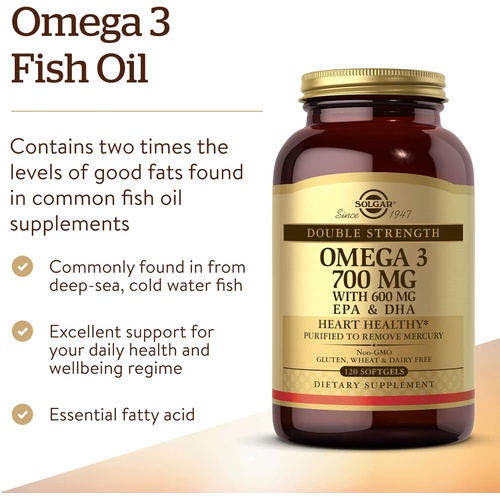  Solgar Double Strength Omega-3 700 mg, 120 Softgels - Fish Oil Supplement - Support for Cardiovascular, Joint & Cellular Health - Contains EPA & DHA Omega 3 Fatty Acids - Gluten Fr