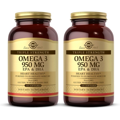  Solgar Triple Strength Omega 3 950 mg - 100 Softgels, Pack of 2 - Supports Cardiovascular, Joint & Skin Health - Non-GMO, Gluten Free, Dairy Free - 200 Total Servings