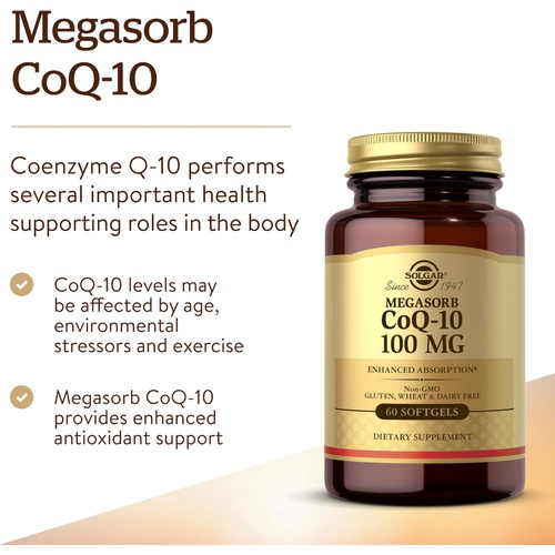  Solgar Megasorb CoQ-10 100 mg, 60 Softgels - Supports Heart Function & Healthy Aging - Coenzyme Q10 Supplement - Enhanced Absorption - Non-GMO, Gluten Free, Dairy Free - 60 Serving