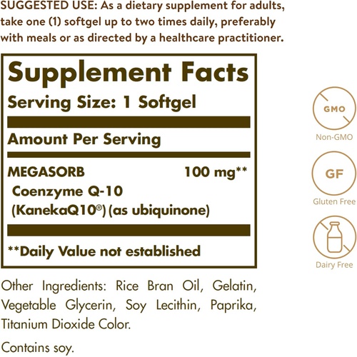  Solgar Megasorb CoQ-10 100 mg, 60 Softgels - Supports Heart Function & Healthy Aging - Coenzyme Q10 Supplement - Enhanced Absorption - Non-GMO, Gluten Free, Dairy Free - 60 Serving