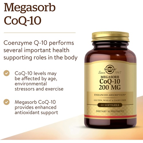  Solgar Megasorb CoQ-10 200 mg, 60 Softgels - Supports Heart & Brain Function - Coenzyme Q10 Supplement - Enhanced Absorption - Gluten Free, Dairy Free - 60 Servings