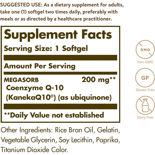  Solgar Megasorb CoQ-10 200 mg, 60 Softgels - Supports Heart & Brain Function - Coenzyme Q10 Supplement - Enhanced Absorption - Gluten Free, Dairy Free - 60 Servings