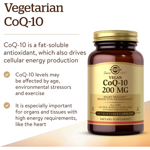  Solgar Vegetarian CoQ-10 200 mg, 60 Vegetable Capsules - Heart Healthy, Protective Antioxidant - Coenzyme Q10 (CoQ-10) Supplement - Vegan, Gluten Free, Dairy Free, Kosher - 60 Serv