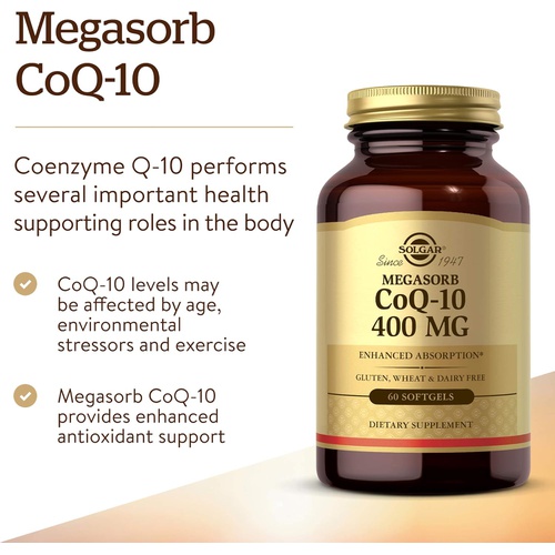  Solgar Megasorb CoQ-10 400 mg, 60 Softgels - Supports Heart & Brain Function - Coenzyme Q10 Supplement - Enhanced Absorption - Gluten Free, Dairy Free - 60 Servings