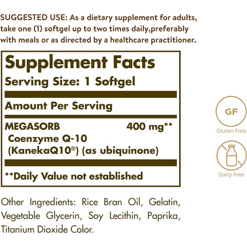  Solgar Megasorb CoQ-10 400 mg, 60 Softgels - Supports Heart & Brain Function - Coenzyme Q10 Supplement - Enhanced Absorption - Gluten Free, Dairy Free - 60 Servings