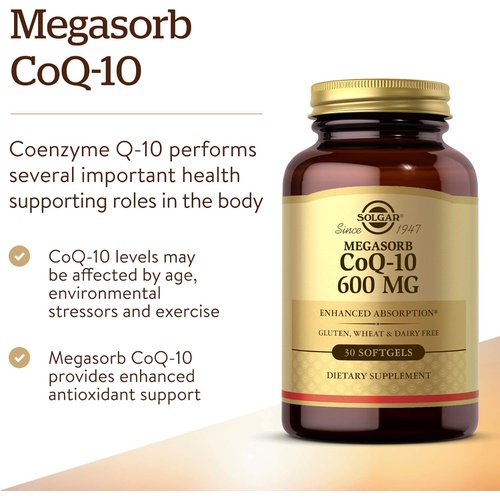  Solgar Megasorb CoQ-10 600 mg, 30 Softgels - Promotes Heart & Nervous System Health - Coenzyme Q10 Supplement - Enhanced Absorption - Gluten Free, Dairy Free - 30 Servings