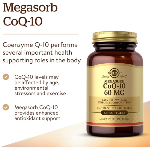  Solgar Megasorb CoQ-10 60 mg, 120 Softgels - Supports Heart & Brain Health - Coenzyme Q10 Supplement - Enhanced Absorption, Easy to Swallow - Gluten Free, Dairy Free - 120 Servings