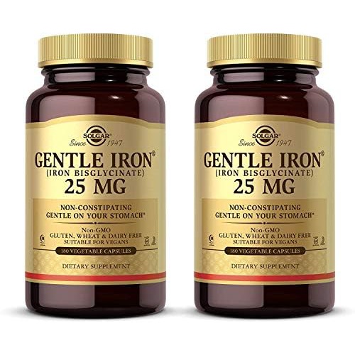  Solgar - Gentle Iron 25 mg Vegetable Capsules 180 Count 2 Pack Easy on Stomach, Promote Red Blood Cell Production.